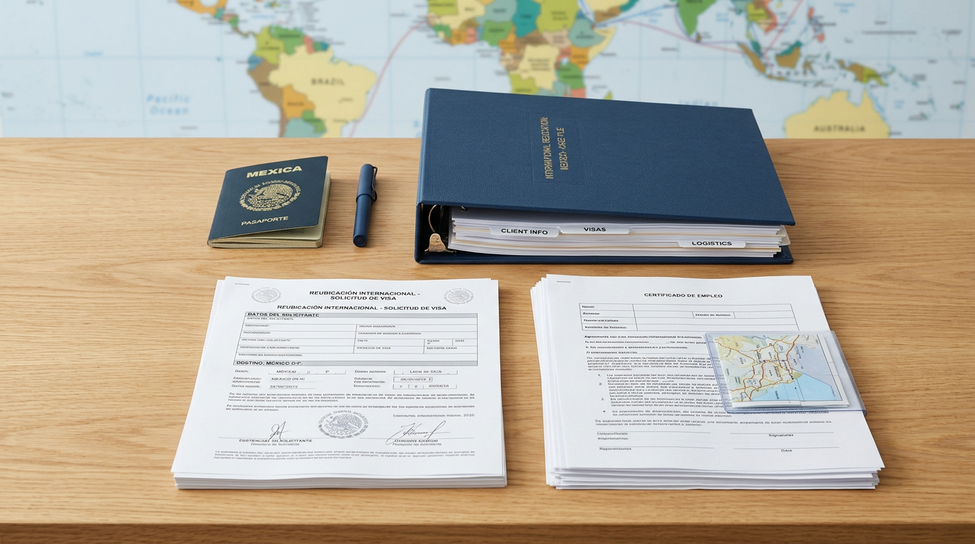 Documentos de certificado menaje de casa México sobre escritorio profesional para mudanza internacional