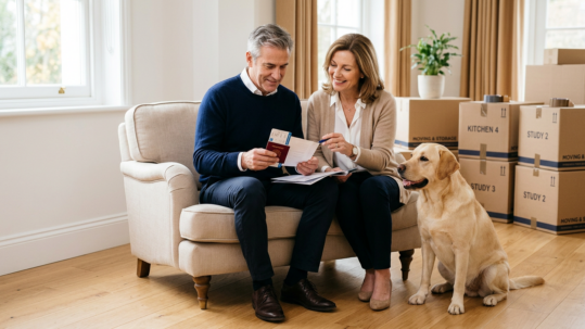 Familia con mascota preparando documentos para mudanza internacional con mascotas desde México con IMS Movers
