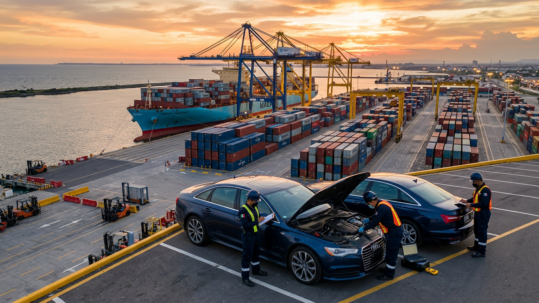 Traslado de vehículo en mudanza internacional México: puerto marítimo con contenedor y automóvil en proceso de embarque