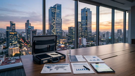 Relocation corporativo empleados México planificación logística empresarial con skyline urbano de fondo