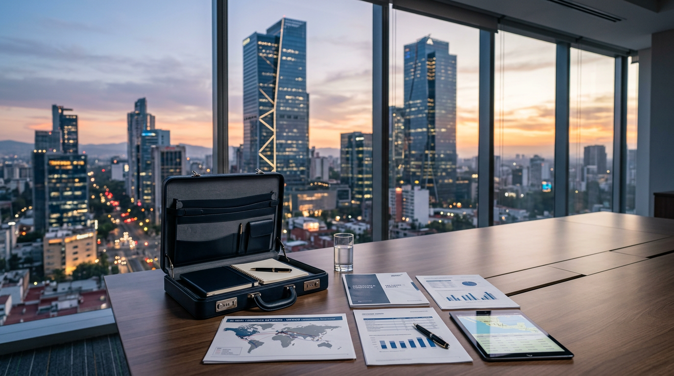 Relocation corporativo empleados México planificación logística empresarial con skyline urbano de fondo