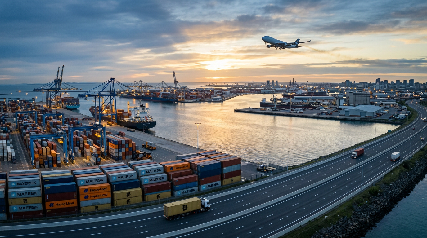 Transporte multimodal mudanza internacional México: puerto marítimo, avión de carga y carretera en una sola composición profesional