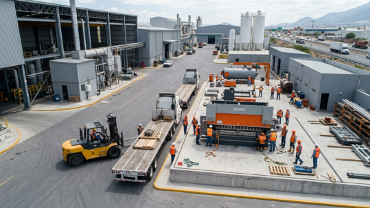 Técnicos preparando traslado de maquinaria de producción en mudanza industrial México