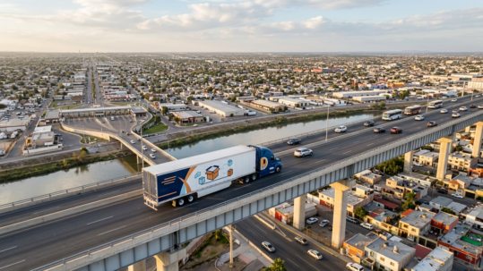 mudanza de regreso a México desde Estados Unidos, camión cruzando la frontera en un día soleado