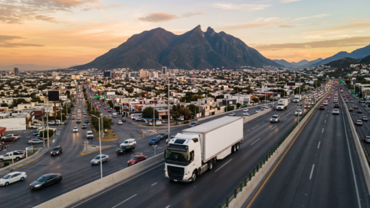 mudanza internacional desde Monterrey con camión en autopista norte de México al atardecer