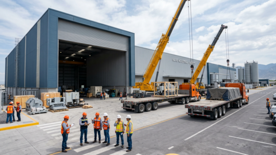 Traslado de planta industrial México con grúas y camiones especializados frente a nave industrial
