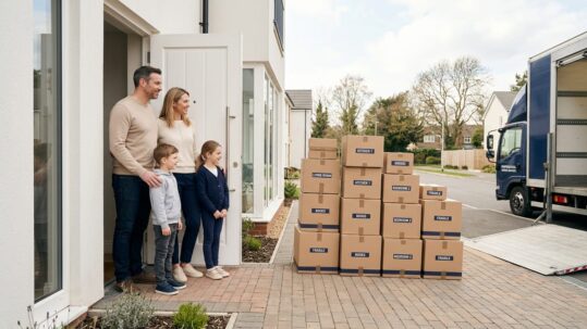 Familia con hijos preparando mudanza internacional desde México con servicio profesional door to door