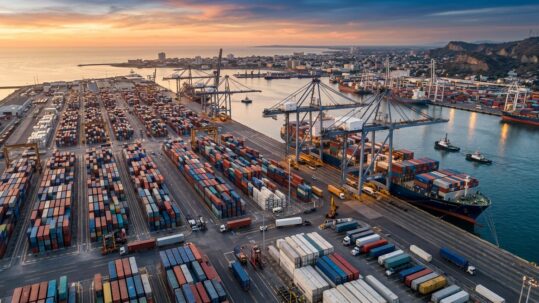 tiempo mudanza internacional México vista aérea puerto marítimo con contenedores y buque de carga