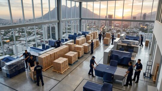 Equipo coordinando mudanza de oficinas entre ciudades México con embalaje profesional corporativo