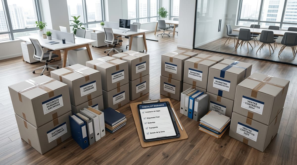 cajas de archivo corporativo selladas y etiquetadas listas para traslado en mudanza de empresa México