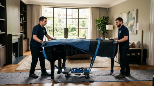 Especialistas realizando traslado de piano en mudanza México con embalaje profesional y equipo especializado